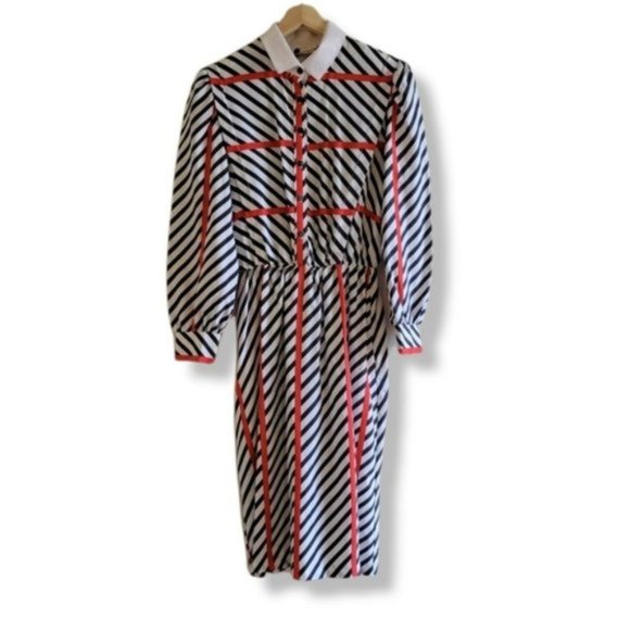 Vintage Dresses & Skirts - Algo Vintage Long Sleeved Stripped A Line Maxi Dress with  Shoulder Pads